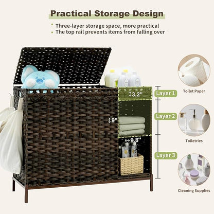 Laundry Hamper with Lid, 130L Rattan Laundry Hamper 3 Section with 50L Storage - Image 3