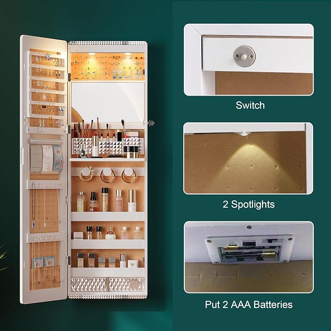 HNEBC LED Mirror Jewelry Cabinet, 47.2" Wall Mounted Jewelry Organizer - Image 9