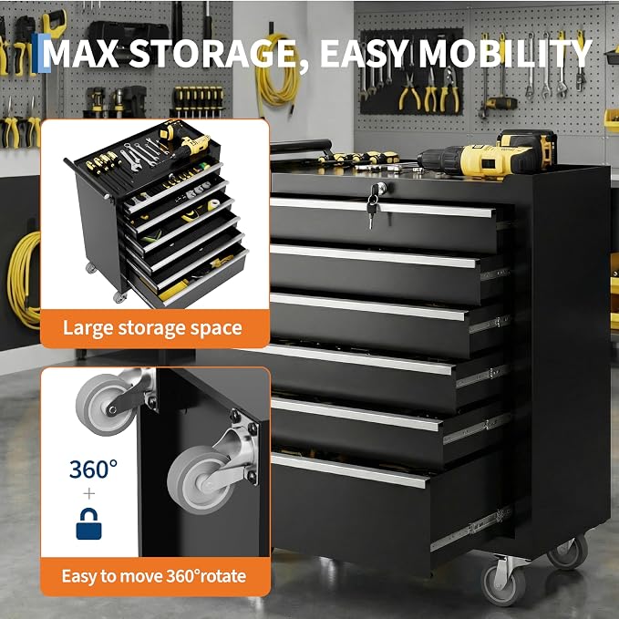 Rolling Tool Box with Wheels – 6 Drawer Heavy Duty Tool Chest Cabinet, Lockable - Image 4