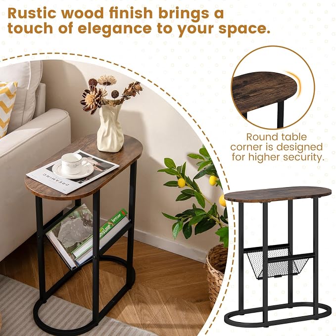 Tangkula Oval Narrow Side Table, 2-Tier End Table w/Mesh Magazine Rack - Image 6