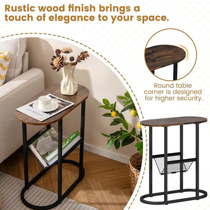 Tangkula Oval Narrow Side Table, 2-Tier End Table w/Mesh Magazine Rack - Image 6