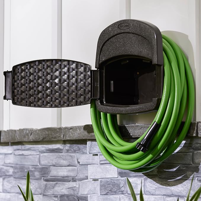 Suncast 2 Pack Hangout 150 Foot Resin Wicker Mounted Garden Storage Hose Rack - Image 9