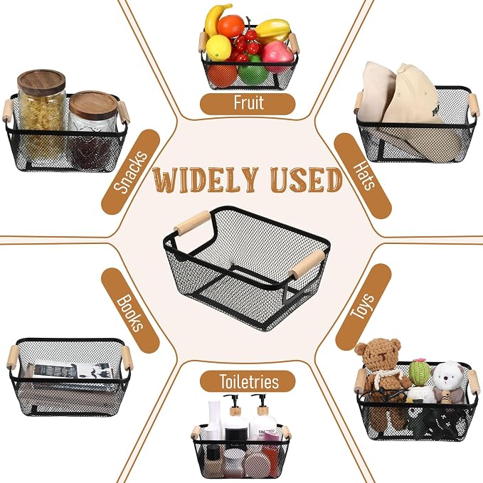 4 Pcs Metal Wire Baskets with Wooden Handles, 9.4x6.9in Wire Storage Basket - Image 6