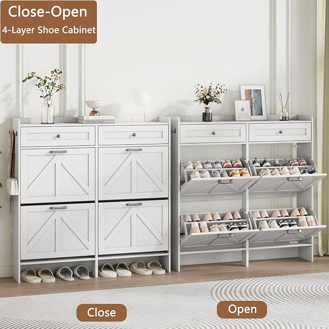 Shoe Cabinet with 4 Flip Drawers & 2 Top Drawers, Wooden Narrow Hidden Slim - Image 4