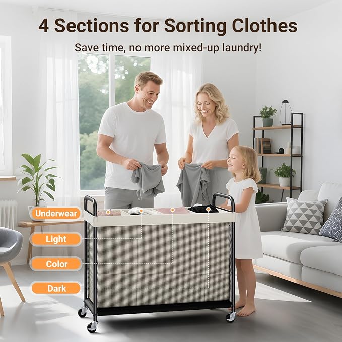 ELYKEN Laundry Hamper 4 Section, 140L Rolling Laundry Sorter - Image 6