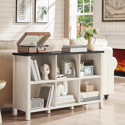 Farmhouse 6 Cube Bookshelf, Antique White & Black Wooden Storage Organizer Book - Image 7