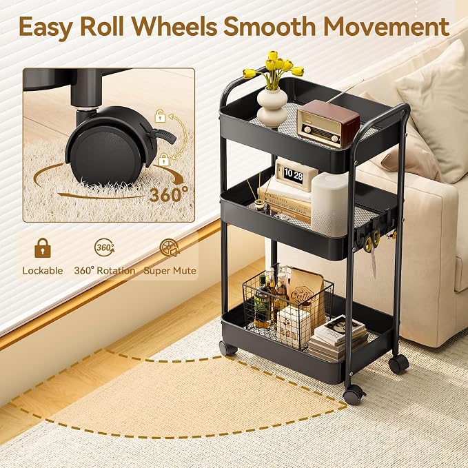 YASONIC 3-Tier Metal Rolling Cart, Sturdy Storage Utility Carts - Image 3