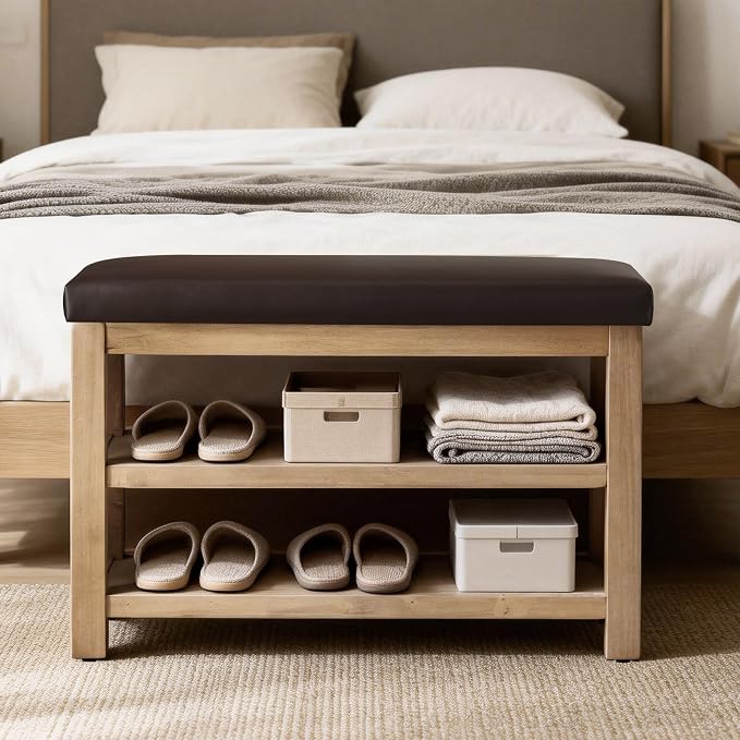 Zihanhome Shoe Rack Bench with Leather Cushion, 2 Tier Solid Wood Storage Bench - Image 3