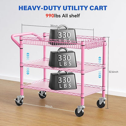 YNN Pink Rolling Cart, 990Lbs 3 Tier Heavy Duty Metal Cart - Image 2
