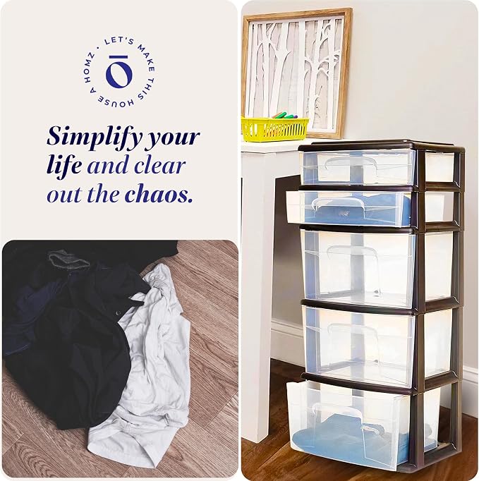 HOMZ 5 Drawer Plastic Storage & Organizer Tower | 3 Large & 2 Small Drawers | - Image 6