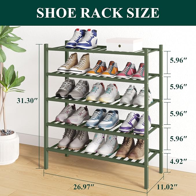 Smiry Bamboo Shoe Rack for Closet, 5 Tier Wooden Stackable Shoe Organizer - Image 2