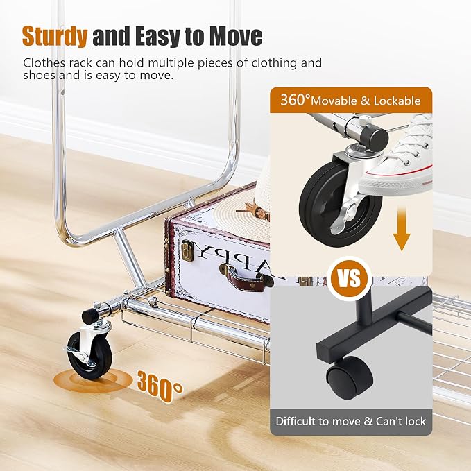 Heavy Duty Clothes Rack Load 620 Lbs, Double Rod Rolling Clothing Rack - Image 5