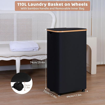 110L Laundry Basket with Wheels, Clothes Hamper - Image 4