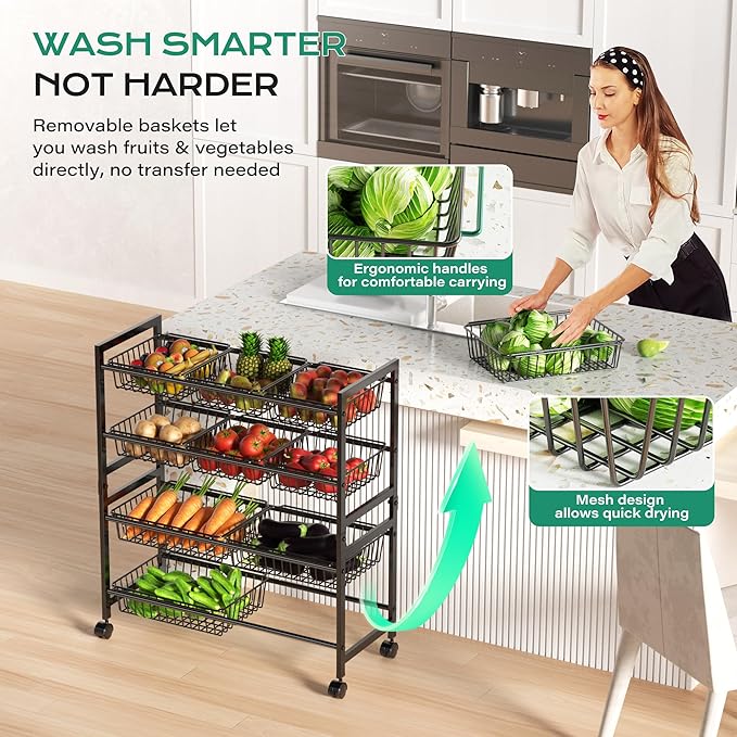 Cinati 4-Tier Snack Cart with Wheels, Rolling Pantry Storage Cart with 10 Wire - Image 6