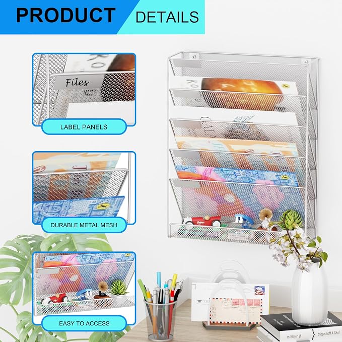 Wall File Organizer Holder Mesh Hanging Paper Document Holder, Vertical 6 - Image 4