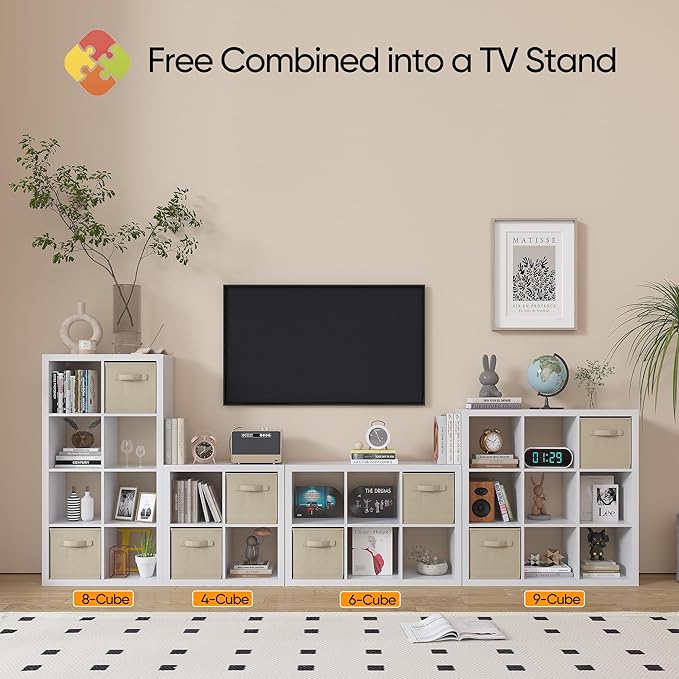 furtble Bookshelf with Storage Bin, 4-Cube Storage Organizer, Modern Wood Open - Image 5