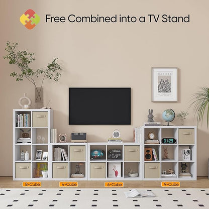 furtble Bookshelf with Storage Bin, 4-Cube Storage Organizer, Modern Wood Open - Image 5