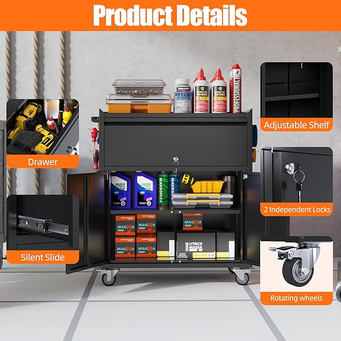 Aobabo Metal Cabinet on Wheels, Metal Garage Cabinet - Image 6