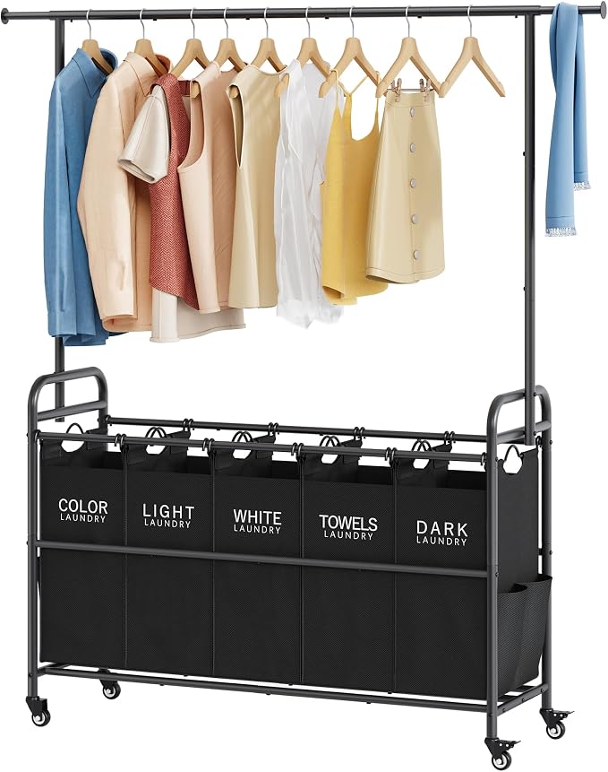 Tajsoon Laundry Sorter with Hanging Rack, 5 Section Laundry Sorter, Rolling by Tajsoon