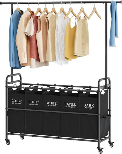 Tajsoon Laundry Sorter with Hanging Rack, 5 Section Laundry Sorter, Rolling by Tajsoon
