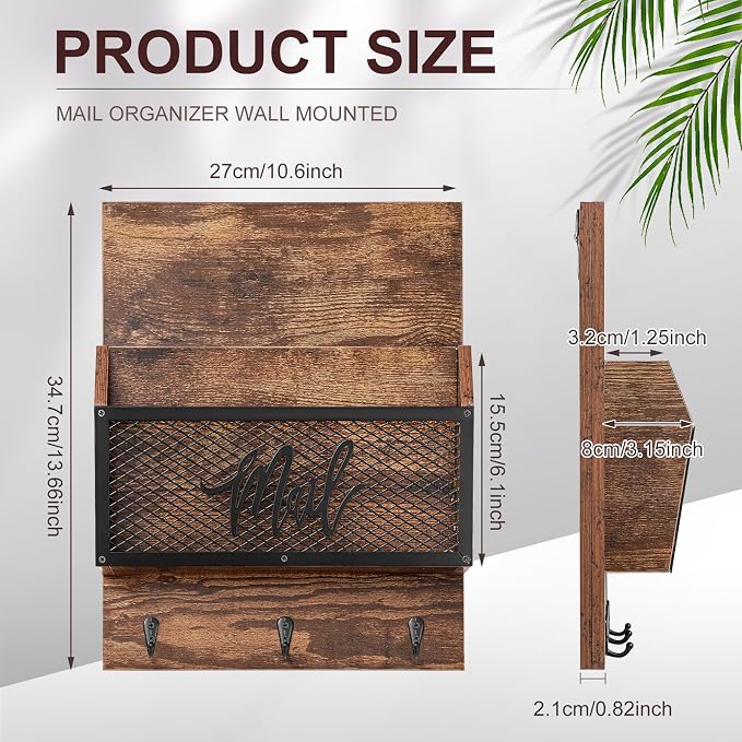 Yalikop Farmhouse Mail Organizer Wall Mounted Rustic Mail Holder Hanging Key - Image 2