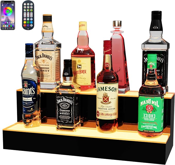 MESAlLUP 20 Inch 2 Tier Lighted Liquor Bottle Display Shelf, LED Bar Shelves by MESAILUP