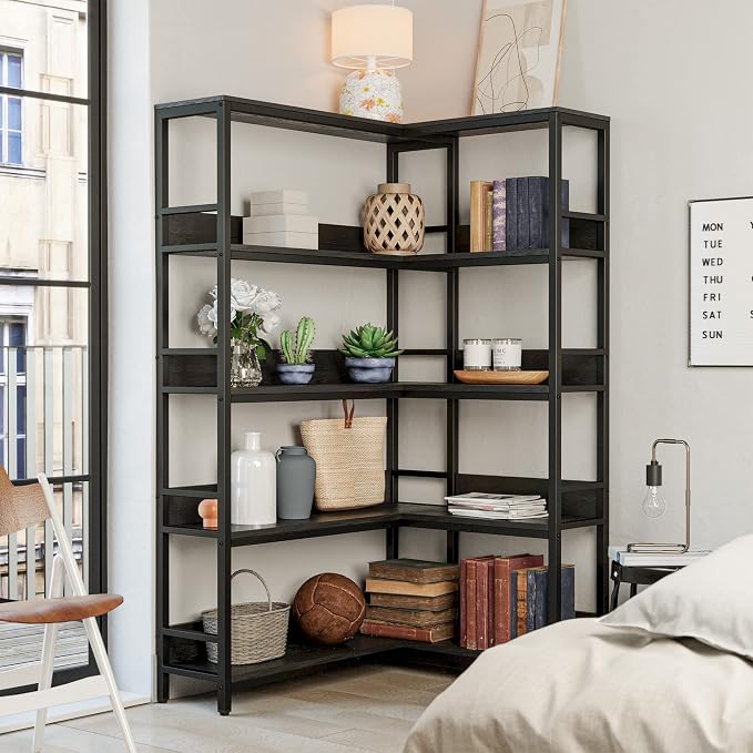 IRONCK Corner Bookshelf 5 Tiers, Industrial Corner Bookcase - Image 4