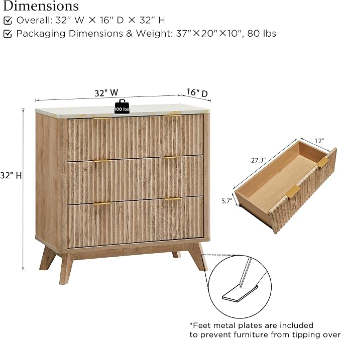 T4TREAM Fluted 3 Drawer Dresser, Curved Profile Design, Wood Drawer Organizer - Image 2