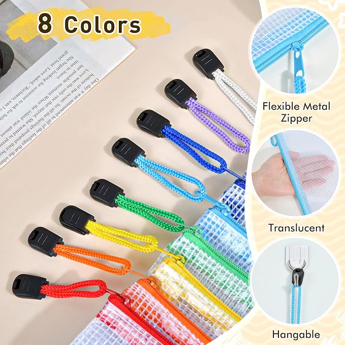 24pcs Mesh Zipper Pouch Bags, A3 Large Size 8 Colors Plastic Zipper Bags - Image 3
