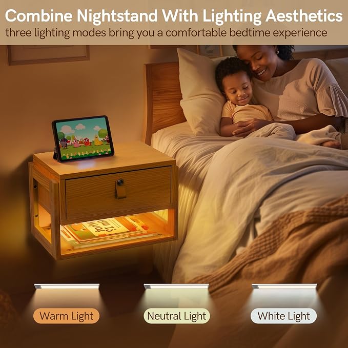 Afuly Floating Nightstand with LED Light Strips, Modern Night Stand with Drawer - Image 4