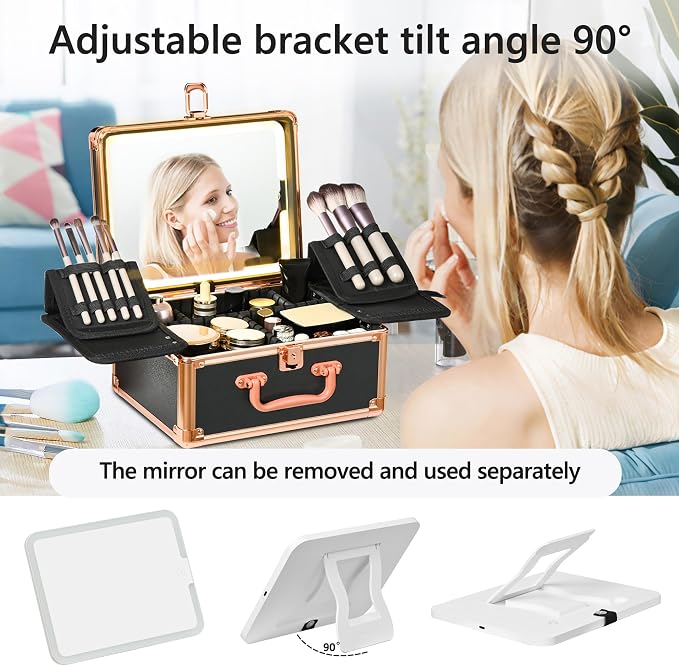 Makeup Case with Lighted Mirror, Makeup Box Organizer with Detachable LED Mirror - Image 3