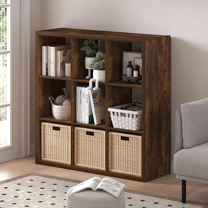 Furinno Cubicle 9-Cube Book Shelf, Extra Thick Frame Bookshelf, Amber Pine | - Image 2