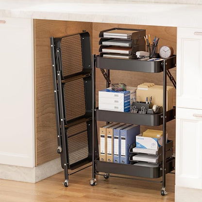 JAQ No Assembly Required Under Desk Rolling Cart, 3-Tier Foldable Metal Utility by JAQ-BuyNow