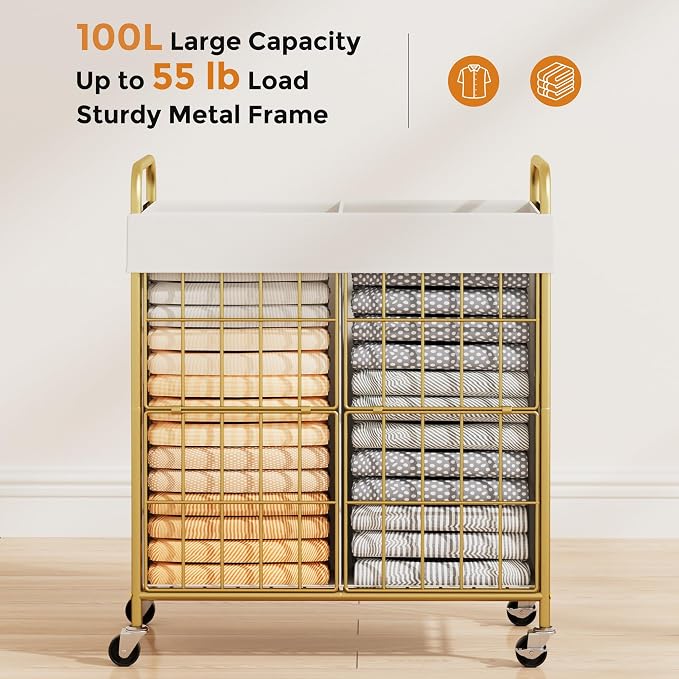 2 Section Laundry Hamper with Wheels and Brake, 100L Laundry Sorter Cart with 2 - Image 3