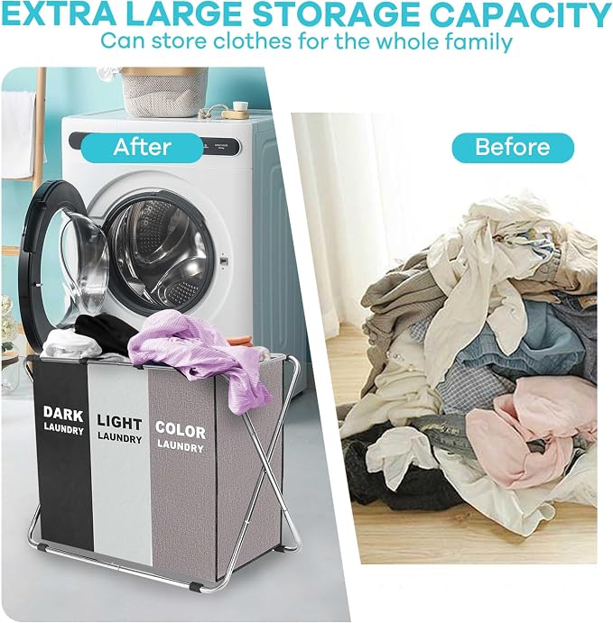 150L Laundry Cloth Hamper Sorter Basket Bin Foldable 3 Sections - Image 6