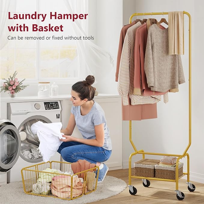 Tajsoon Laundry Cart with Wheels, Metal Rolling Laundry Hamper with Hanging Rack - Image 2