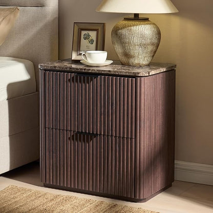 Fluted Nightstand with 2 Drawers, Bedside Table with Faux Marble-Top, by DelArk