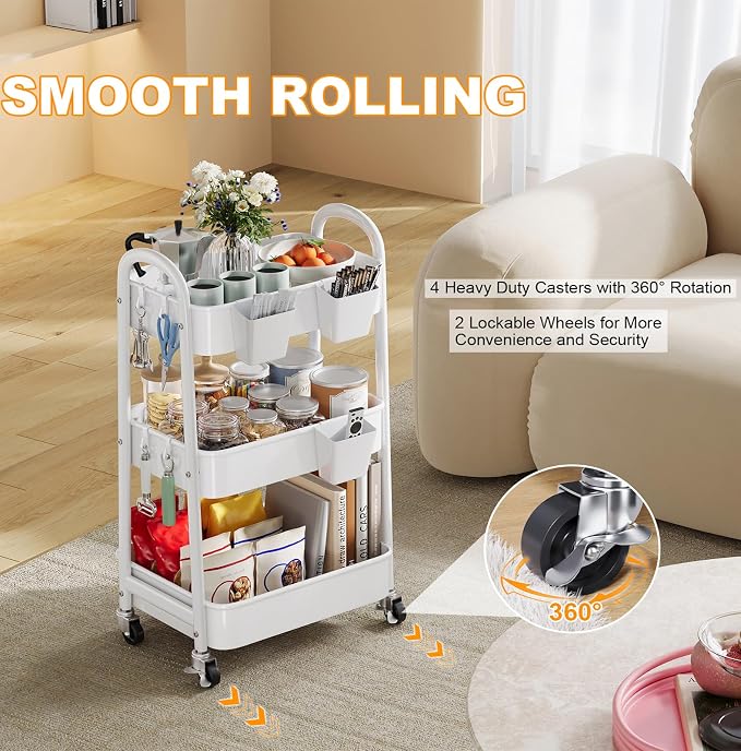 3 Tier Rolling Cart Metal with Wheels, Heavy Duty White Three Tiered Craft Cart - Image 5