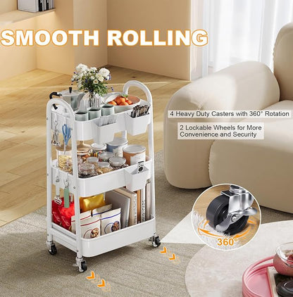 3 Tier Rolling Cart Metal with Wheels, Heavy Duty White Three Tiered Craft Cart - Image 5
