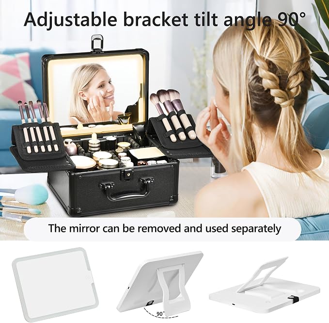 Makeup Case with Lighted Mirror, Makeup Box Organizer with Detachable LED Mirror - Image 3