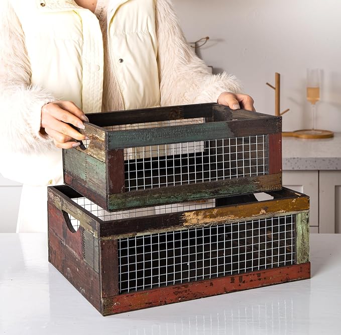 TIMRIS Set of 3 Rustic Wood Nesting Crates, Farmhouse Distressed Wooden Storage - Image 4