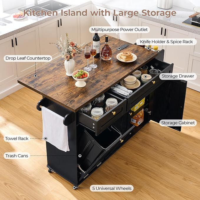 60.2" Kitchen Islands with Storage, Kitchen Island Cart with Trash Can Storage - Image 3