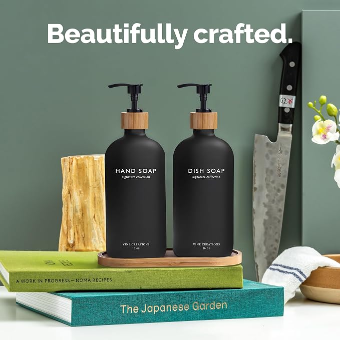 Vine Creations Black Glass Soap Dispenser Set, Hand Soap and Dish Soap - Image 2