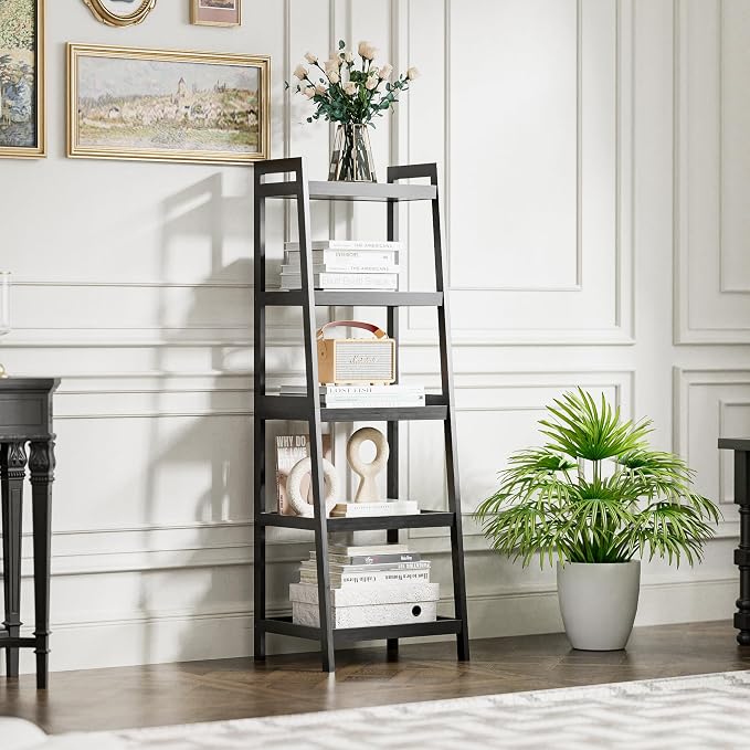 SMIBUY Bamboo Ladder Bookcase, Bathroom Storage Rack Organizer, 4 Tier and 5 - Image 2