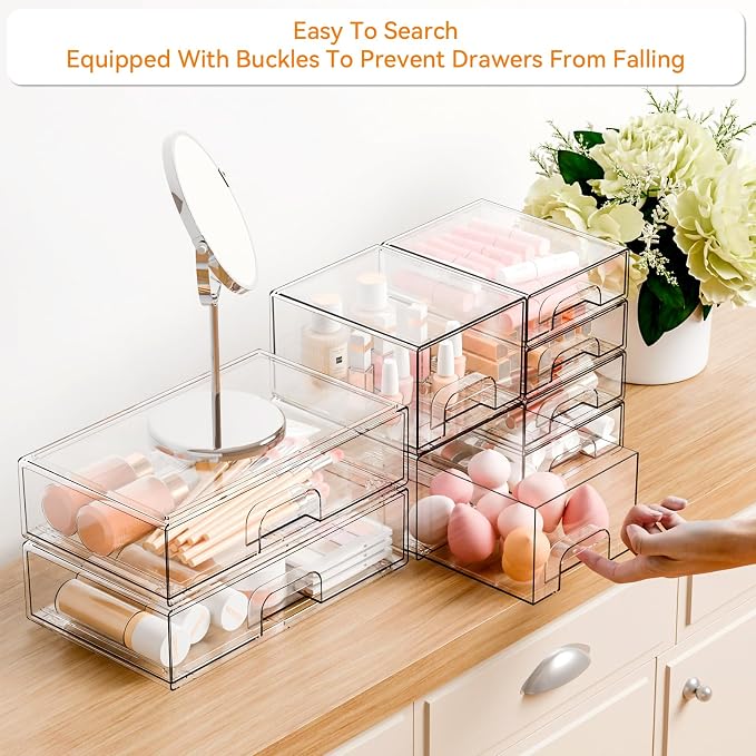 Yieach 8 Pack Clear Stackable Storage Drawers, Acrylic Drawer Organizer - Image 4