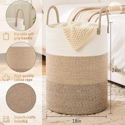 Laundry Basket, Woven Cotton Rope Laundry Hamper, 100L - Image 6