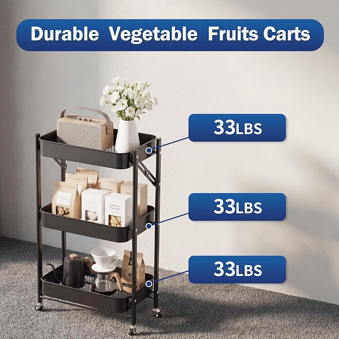 JAQ No Assembly Required Under Desk Rolling Cart, 3-Tier Foldable Metal Utility - Image 2