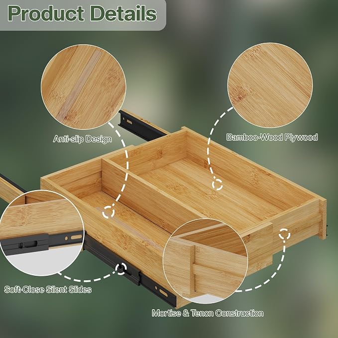BAMEOS 2-Pack 14" to 20" Adjustable Width Soft Close Slide Out Bamboo Wood - Image 4