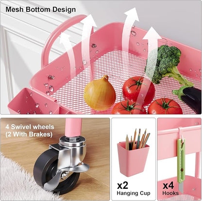 4 Tier Rolling Cart Metal with Lockable Wheels, Four Tiered Pink Trolley Cart - Image 8