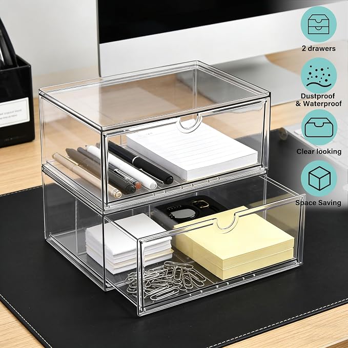 Prsildan Acrylic Makeup Organizer, 2 Pack Stackable Clear Storage Drawers - Image 7